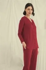 Uzun Kollu Boydan Düğmeli V Yaka Pijama Takımı - Görsel 2