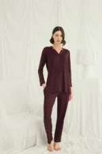 Uzun Kollu Boydan Düğmeli V Yaka Pijama Takımı - Görsel 2