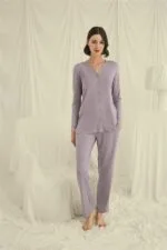Uzun Kollu Boydan Düğmeli V Yaka Pijama Takımı - Görsel 2