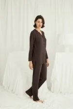 Uzun Kollu Boydan Düğmeli V Yaka Pijama Takımı - Görsel 2