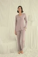 Uzun Kollu Boydan Düğmeli V Yaka Pijama Takımı - Görsel 4