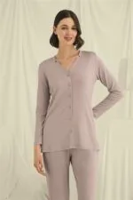 Uzun Kollu Boydan Düğmeli V Yaka Pijama Takımı - Görsel 5
