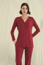 Uzun Kollu Boydan Düğmeli V Yaka Pijama Takımı