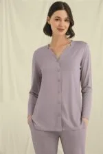 Uzun Kollu Boydan Düğmeli V Yaka Pijama Takımı - Görsel 5