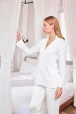 Uzun Kollu Önü Düğmeli Gömlek Yaka Pijama Takımı - Görsel 7
