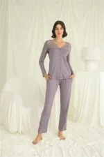 Yakası Kolu ve Omzu Dantelli Boydan Düğmeli Pijama Takımı - Görsel 2