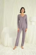 Yakası Kolu ve Omzu Dantelli Boydan Düğmeli Pijama Takımı - Görsel 4