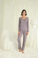 Yakası Kolu ve Omzu Dantelli Boydan Düğmeli Pijama Takımı - Görsel 5