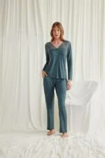 Yakası Omzu ve Paçası Dantelli Boydan Düğmeli Pijama Takımı - Görsel 2