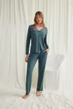 Yakası Omzu ve Paçası Dantelli Boydan Düğmeli Pijama Takımı - Görsel 5