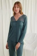 Yakası Omzu ve Paçası Dantelli Boydan Düğmeli Pijama Takımı - Görsel 6