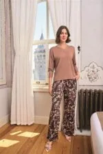 Yaprak Desenli Dantelli V Yaka Büyük Beden Pijama Takımı - Görsel 2
