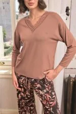 Yaprak Desenli Dantelli V Yaka Büyük Beden Pijama Takımı - Görsel 7