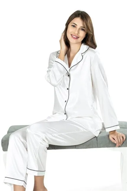 Ekru İkili Saten Gecelik Pijama Takımı 7647