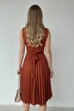 Kadın V Yaka Plise Detaylı Modern Elbise - Görsel 4