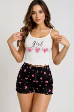 Kalp Desenli Askılı Şortlu Pijama Takımı