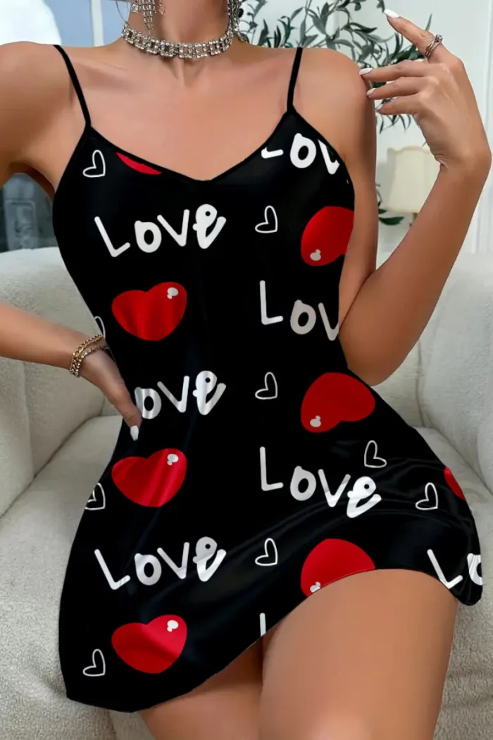 Love Desenli Siyah Saten Gecelik - Görsel 4