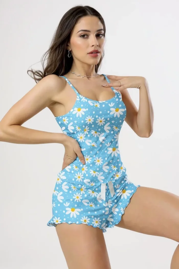 Papatya Baskılı Mavi Askılı Şortlu Pijama Takımı - Görsel 2