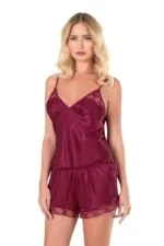 Bordo Saten Babydoll Şort Takımı - Görsel 2