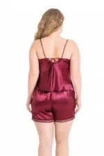 Büyük Beden Bordo Saten Babydoll Şort Takımı - Görsel 2