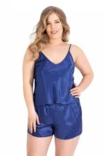 Büyük Beden Saks Saten Babydoll Şort Takımı
