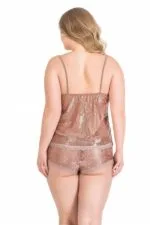 Büyük Beden Vizon Jakarlı Babydoll Şort Takımı - Görsel 2