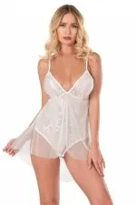 Ekru Jakarlı Bodysuit Gecelik
