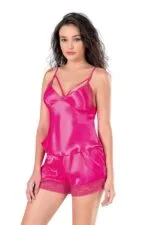 Fuşya Saten Babydoll Şort Takımı - Görsel 2