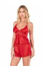 Kırmızı Saten Babydoll Şort Takımı - Görsel 2
