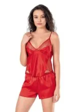 Kırmızı Saten Babydoll Şort Takımı - Görsel 2