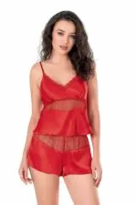 Kırmızı Saten Babydoll Şort Takımı