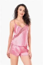 Koyu Pembe Saten Babydoll Şort Takımı - Görsel 2
