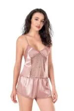 Koyu Pudra Saten Babydoll Şort Takımı - Görsel 2