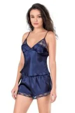 Lacivert Saten Babydoll Şort Takımı - Görsel 2
