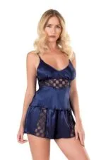 Lacivert Saten Babydoll Şort Takımı - Görsel 2