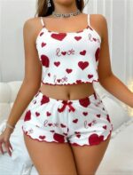 Beyaz Üstüne Kırmızı Kalp Desenli Askılı Şortlu Pijama Takımı - Görsel 3