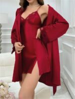 Bordo İnce Askılı Saten 2’li Gecelik Sabahlık Takımı - Görsel 3