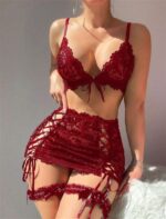 Bordo Dantel İşlemeli İp Detaylı Takım - Görsel 3