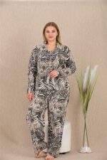 Büyük Beden Çizgili Düğmeli Uzun Kol Viskon Pijama Takımı - Görsel 3