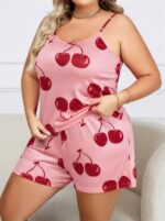 Closet Büyük Beden Pembe Kiraz Desen İnce Askılı Pamuklu Şortlu Pijama Takımı - Görsel 2
