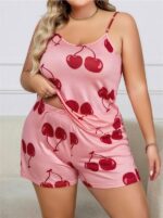 Closet Büyük Beden Pembe Kiraz Desen İnce Askılı Pamuklu Şortlu Pijama Takımı