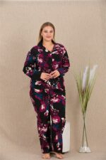Büyük Beden Renkli Desenli Düğmeli Uzun Kol Viskon Pijama Takımı - Görsel 3