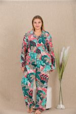 Büyük Beden Renkli Yaprak Desenli Düğmeli Uzun Kol Viskon Pijama Takımı - Görsel 3