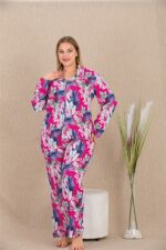 Büyük Beden Renkli Yaprak Desenli Düğmeli Uzun Kol Viskon Pijama Takımı - Görsel 3