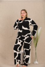 Büyük Beden Siyah Beyaz Desenli Düğmeli Uzun Kol Viskon Pijama Takımı - Görsel 3