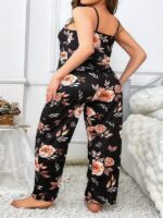 Büyük Beden Siyah Üstüne Çiçek Desenli İnce Askılı 2’li Pijama Takımı - Görsel 5