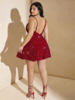 Closet Özel Tasarım Büyük Beden Kırmızı Payetli Parlak Işıltılı Göğüs Dekolteli Kırmızı Mini Club Elbisesi - Görsel 3