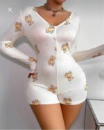Pamuklu Beyaz Ayıcık Desenli Düğmeli Uzun Kol Tulum Pijama - Görsel 7