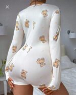 Pamuklu Beyaz Ayıcık Desenli Düğmeli Uzun Kol Tulum Pijama - Görsel 6