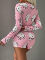 Pamuklu Pembe Hello Kitty Desenli Düğmeli Uzun Kol Tulum Pijama - Görsel 5